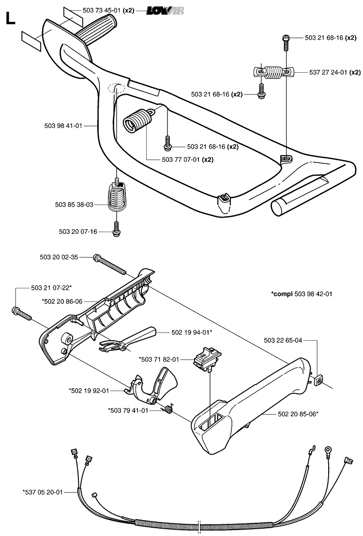 Handle And Controls Diagram and Parts List for 325HS99 (X-SERIES)(20030100001-20063600000) Husqvarna Hedge Trimmer