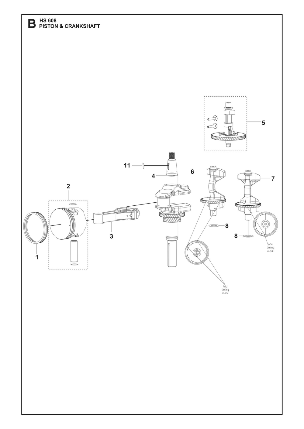 Piston And Crankshaft Diagram and Parts List for HS608  Husqvarna Engine