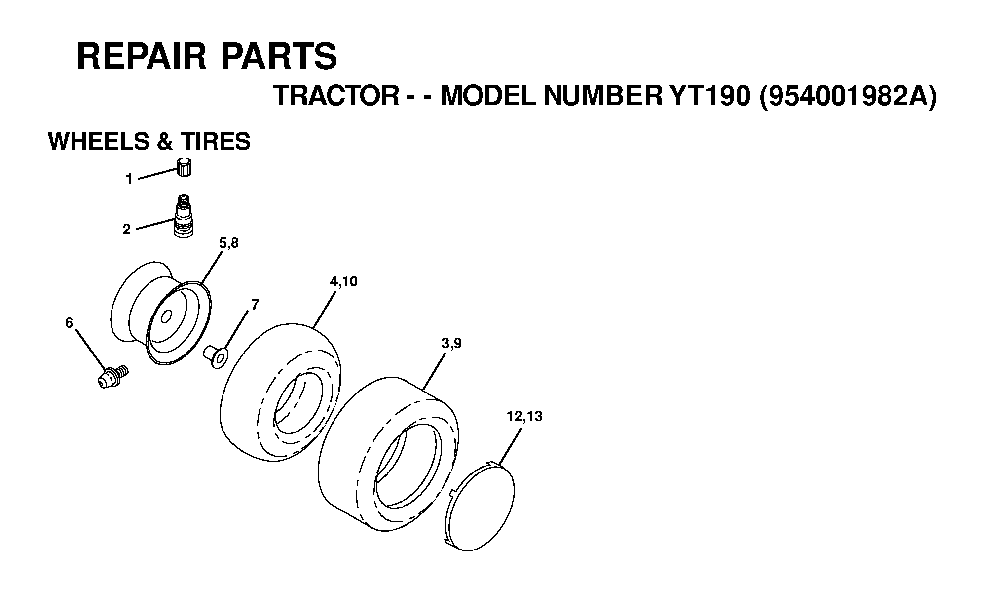 Wheels And Tires Diagram and Parts List for YT190 (954001982A)(1995-03) Husqvarna Lawn Tractor