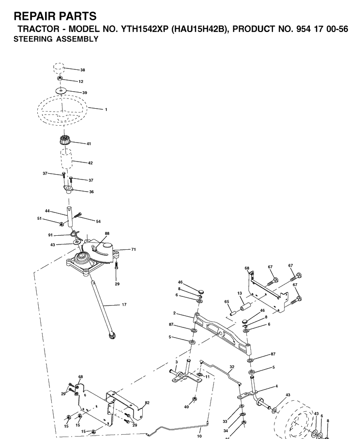 Steering Diagram and Parts List for YTH1542XP (HAU15H42B)(2003-01) Husqvarna Lawn Tractor