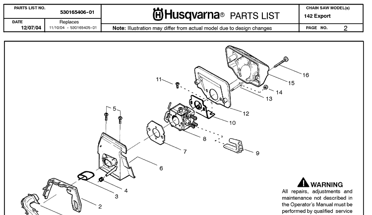 Carburetor And Air Filter Diagram and Parts List for 142 20050100001-20064900000 Husqvarna Chainsaw