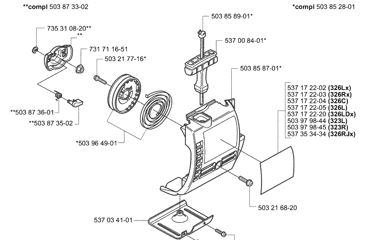 Starter Diagram and Parts List for 323L 2004-03 Husqvarna Brush Cutter