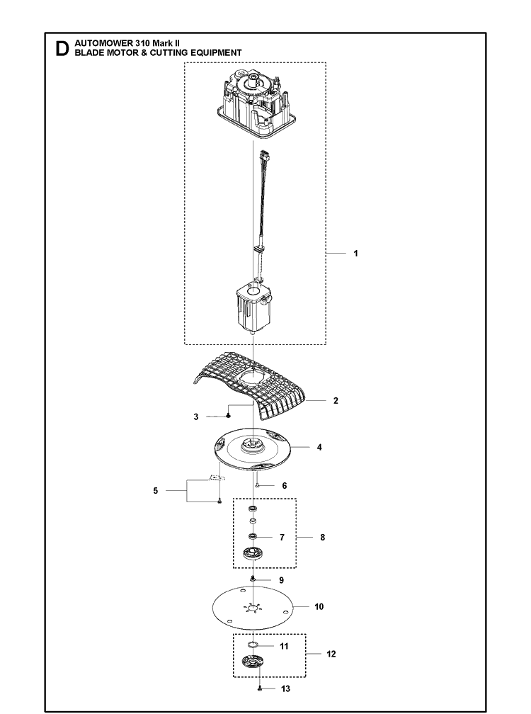 Blade Motor And Cutting Equipment Diagram and Parts List for 310 Mark II Husqvarna Lawn Mower