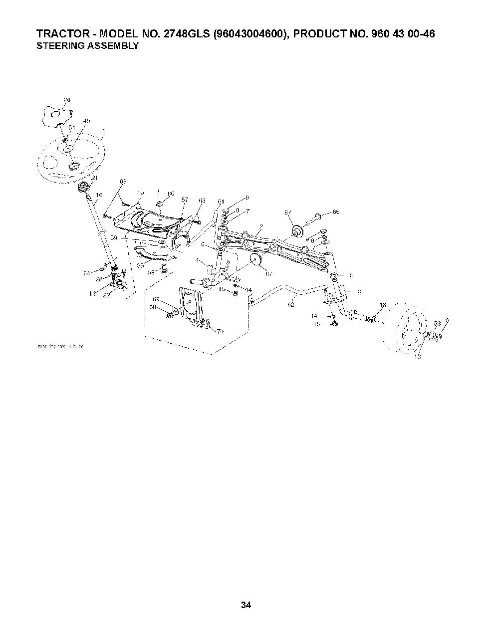 Steering Diagram and Parts List for 2748GLS (96043004600)(2008-01) Husqvarna Lawn Tractor