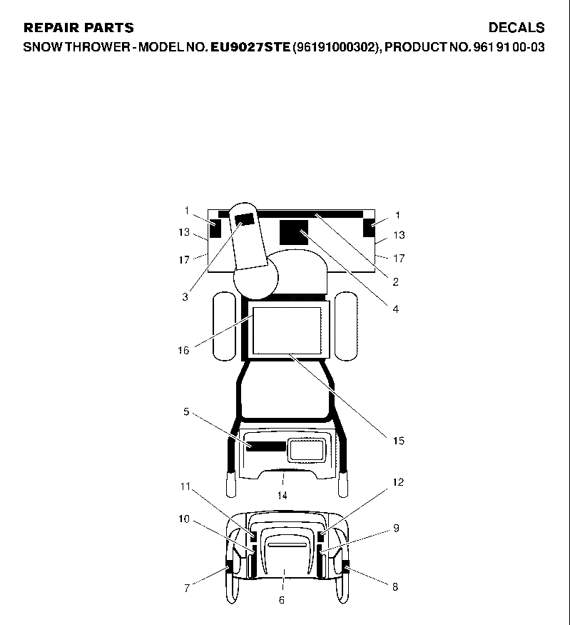 Decals Diagram and Parts List for 9027STE (961910003-02)(2007-01) Husqvarna Snow Blower