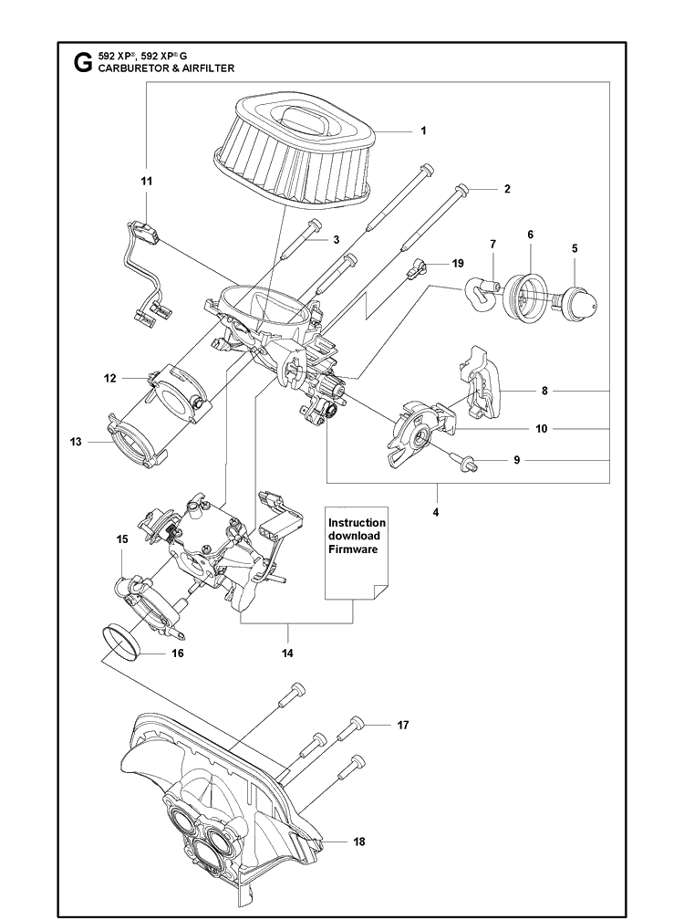 Carburetor And Air Filter Diagram and Parts List for 592XP 592 XP-G Husqvarna Chainsaw