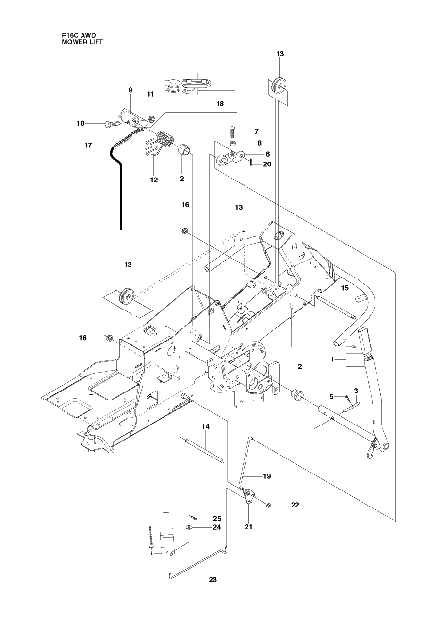 Mower Lift / Deck Lift Diagram and Parts List for R16CAWD (966830301)(2010-07) Husqvarna Lawn Tractor