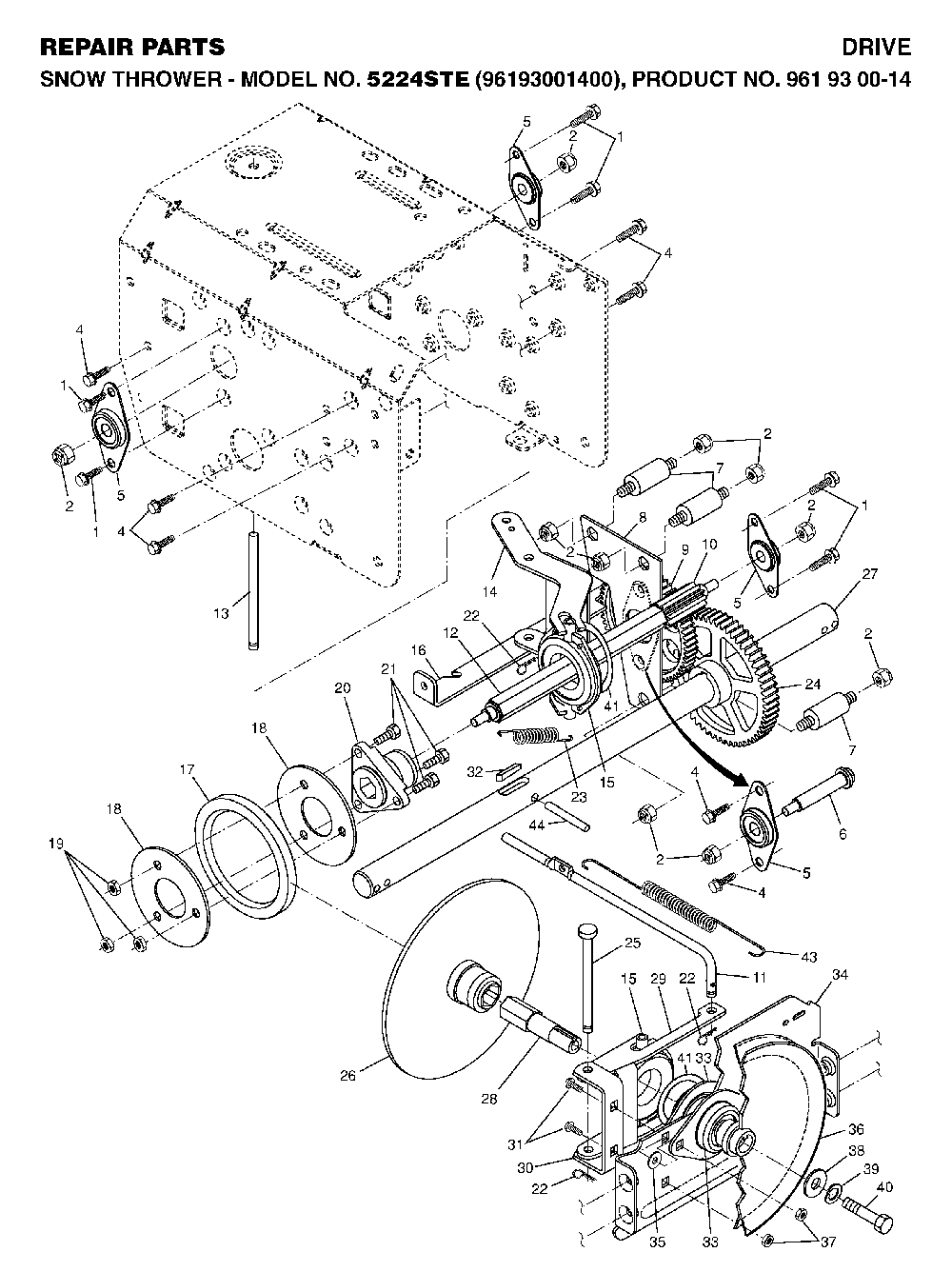 Drive Diagram and Parts List for 5524STE (96193001400, 961930014)(2006-08) Husqvarna Snow Blower