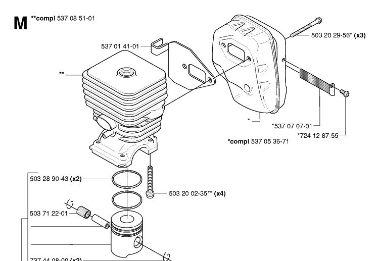 Cylinder, Piston And Muffler Diagram and Parts List for 326HE3 (X-SERIES)(20054000001-20090900000) Husqvarna Hedge Trimmer