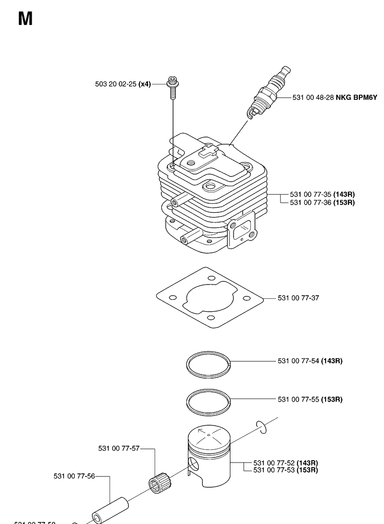 Cylinder Piston Diagram and Parts List for 143R 20070100001-Current Husqvarna Brush Cutter