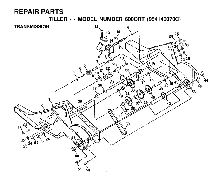 Transmission Diagram and Parts List for 600CRT (954140070C)(1999-09) Husqvarna Cultivator