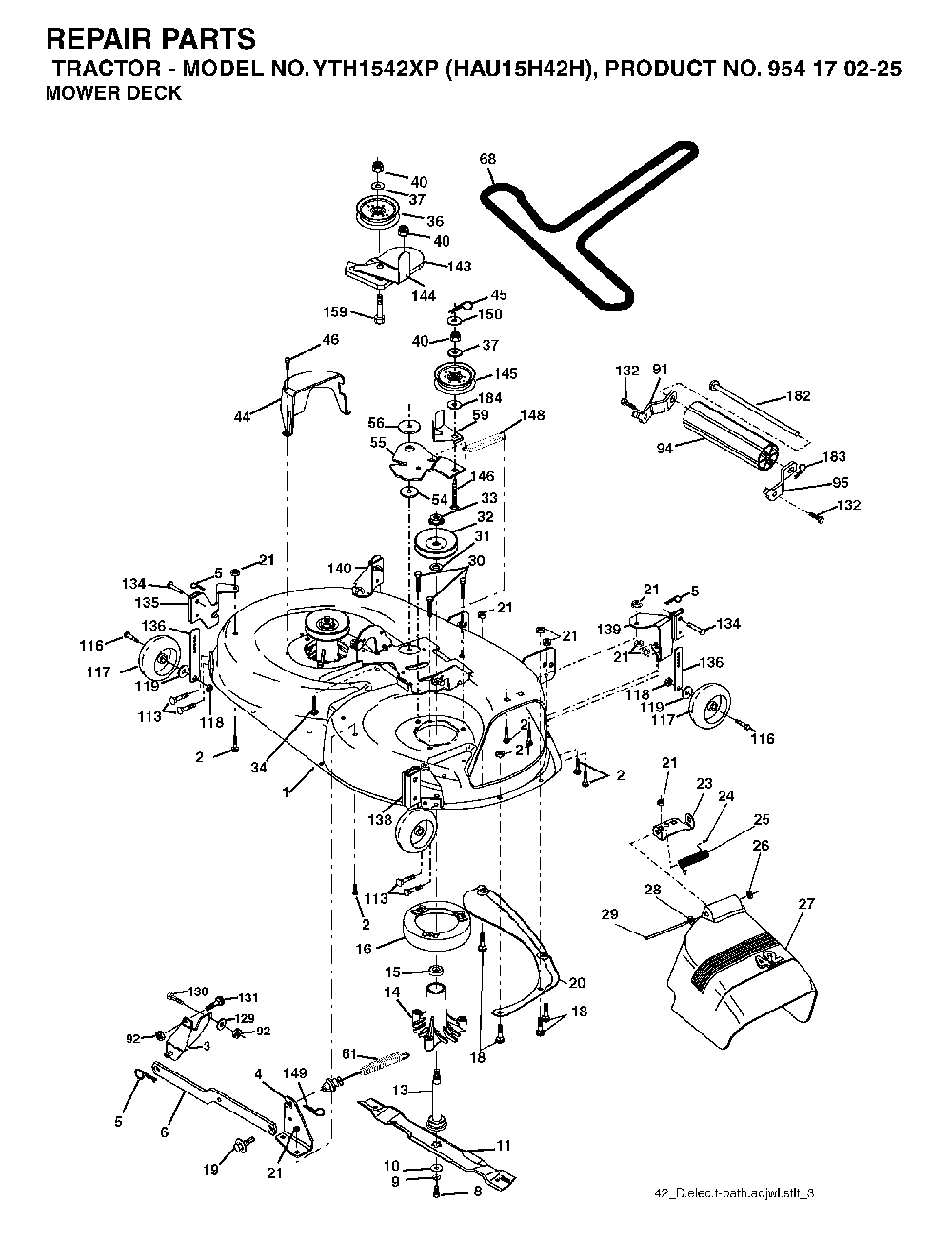 Mower Deck / Cutting Deck Diagram and Parts List for YTH1542XP (HAU15H42H, 954170225)(2004-09) Husqvarna Lawn Tractor
