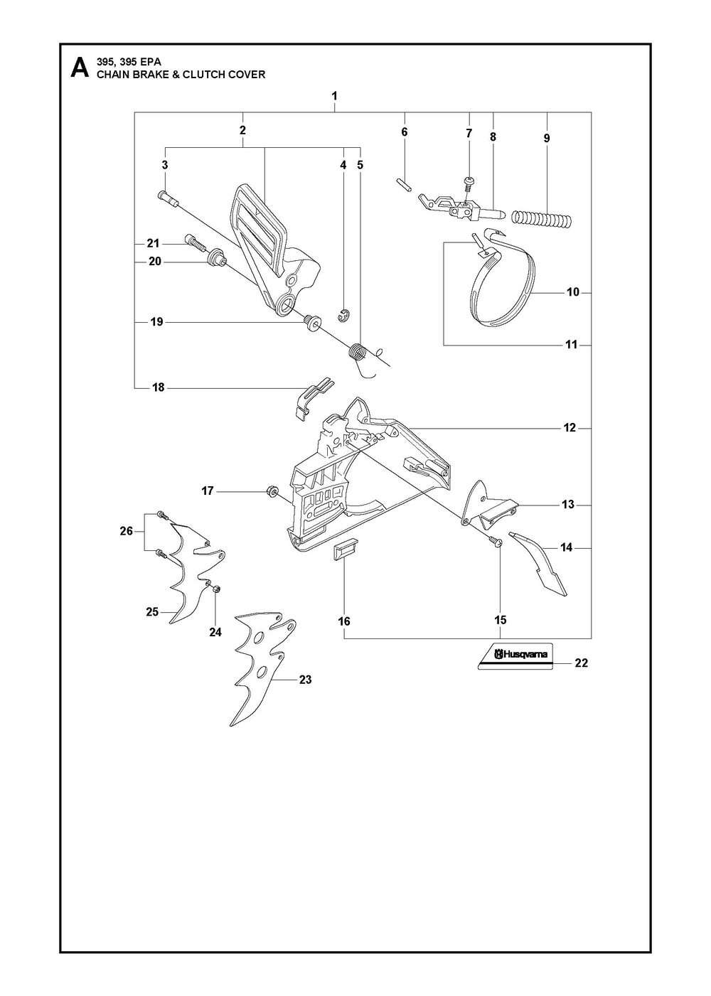Chain Brake And Clutch Cover Diagram and Parts List for 395XP-395XPG 395 XP W - 395 XP GW Husqvarna Chainsaw