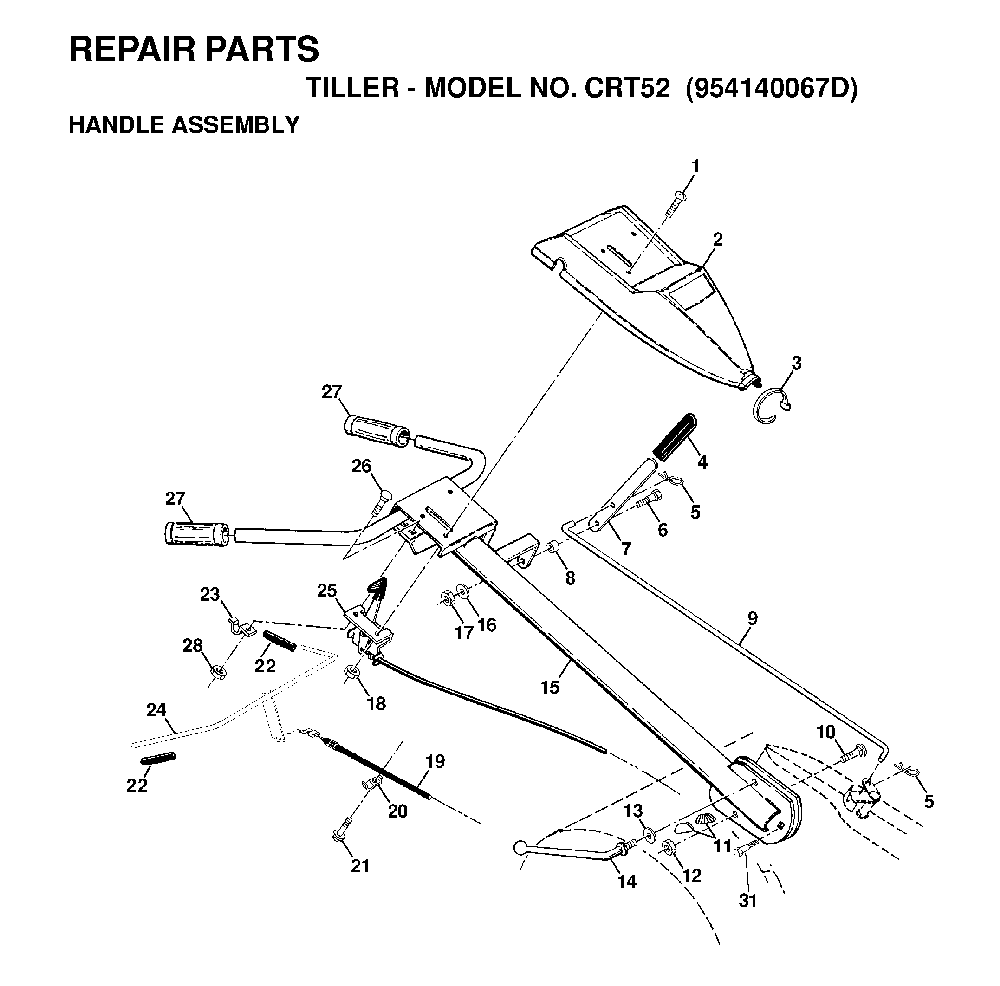 Handle And Controls Diagram and Parts List for CRT52 (954140067D)(1999-03) Husqvarna Tiller