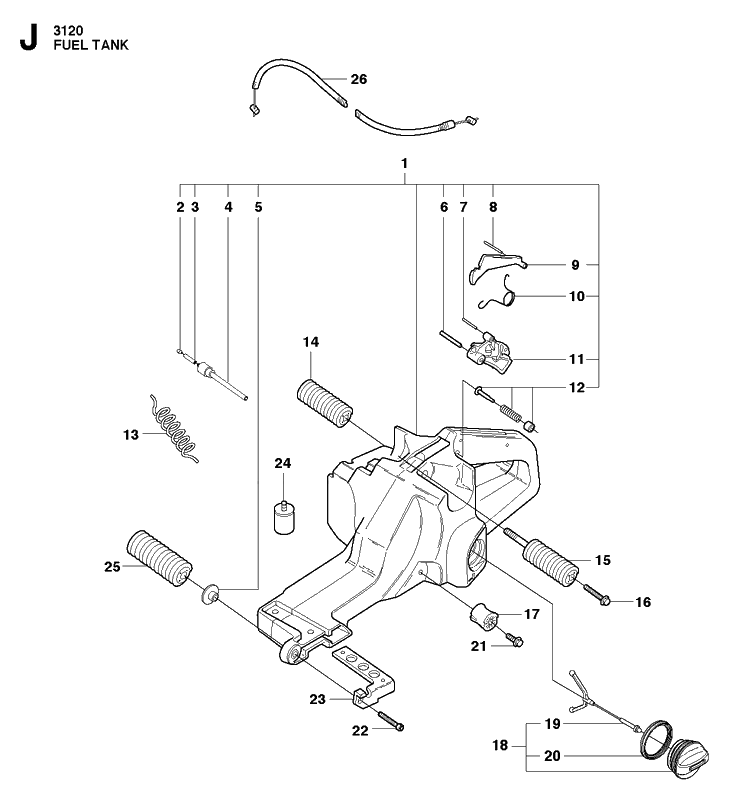 Fuel Tank Diagram and Parts List for 3120XP-3120XPEPA 20162700001-20180900000 Husqvarna Chainsaw