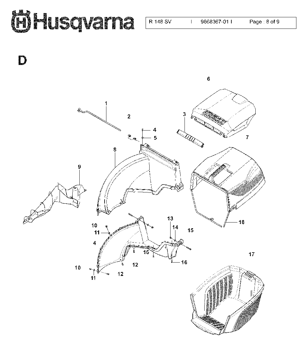 Bagger Diagram and Parts List for R148SV (966836701)(2009-03) Husqvarna Lawn Mower