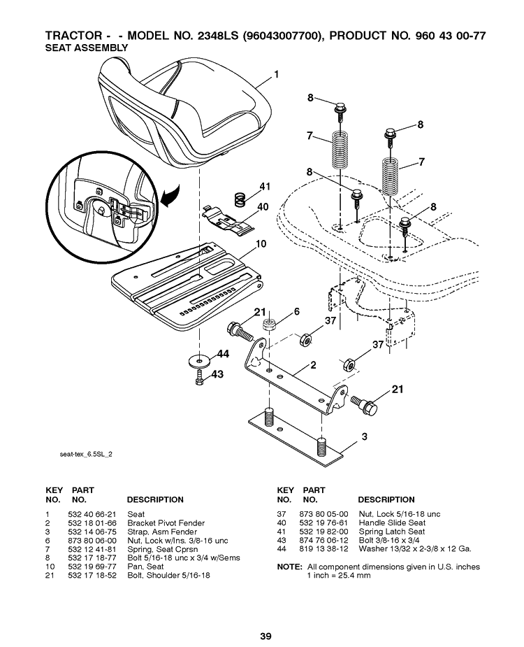 Seat Diagram and Parts List for 2348LS (96043007700)(2008-11) Husqvarna Lawn Tractor
