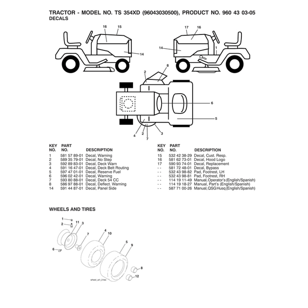 Wheels & Tires Diagram and Parts List for 96043030500  Husqvarna Lawn Tractor