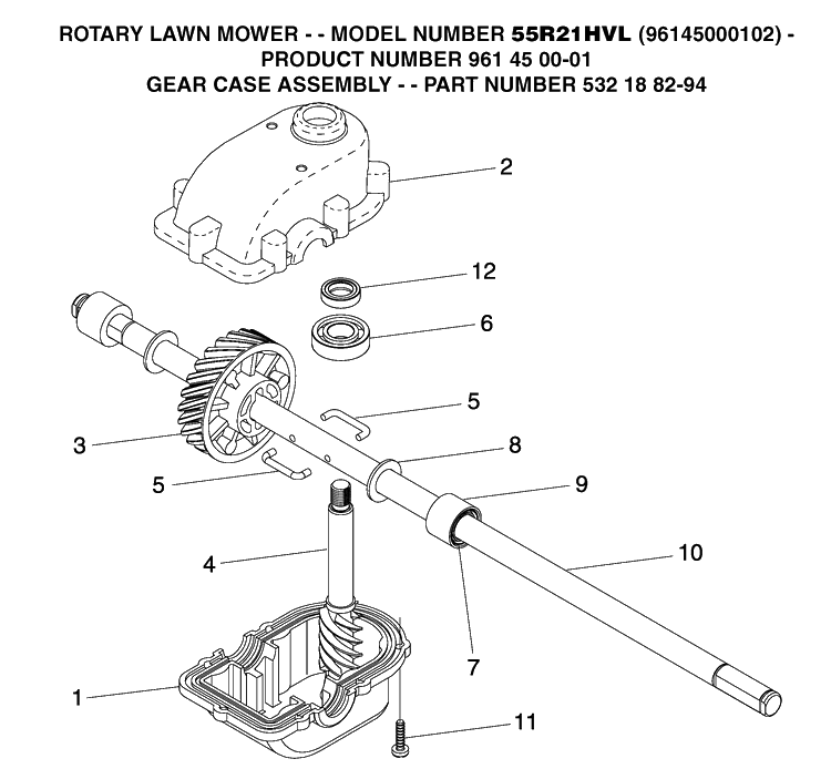 Gear Case Diagram and Parts List for 55R21HVL (961450001)(2004-12) Husqvarna Lawn Mower