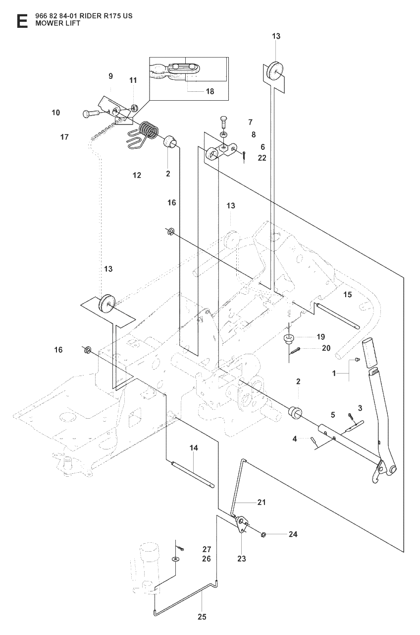 Mower Lift / Deck Lift Diagram and Parts List for R175 (966828401)(2008-05) Husqvarna Lawn Tractor