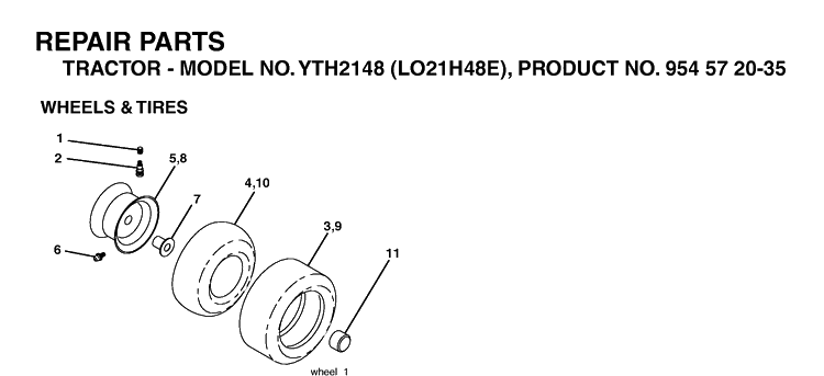 Wheels And Tires Diagram and Parts List for YTH2148-LO21H48E 2005-05 Husqvarna Lawn Tractor
