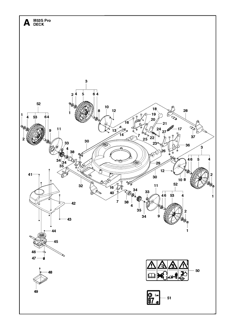 Mower Deck / Cutting Deck Diagram and Parts List for M53S PRO Husqvarna Lawn Mower