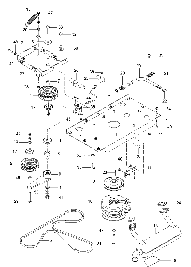 Engine Mounting, Guards And Muffler Diagram and Parts List for M-ZT61 (96717701001)(2019-02) Husqvarna Lawn Mower
