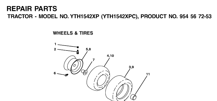 Wheels And Tires Diagram and Parts List for YTH1542XP (954567253)(2001-12) Husqvarna Lawn Tractor