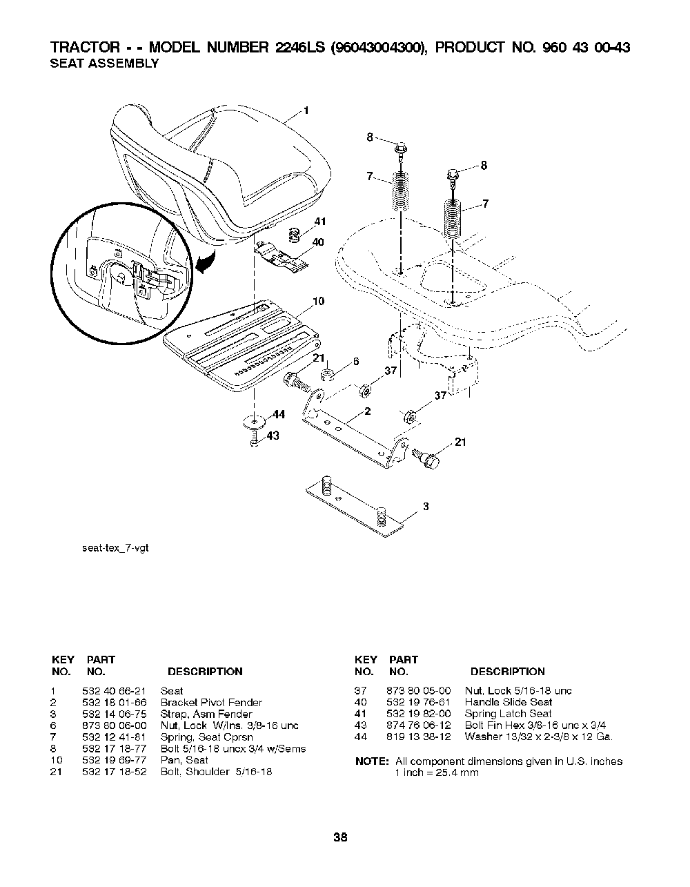 Seat Diagram and Parts List for 2246LS (96043004300)(2008-01) Husqvarna Lawn Tractor