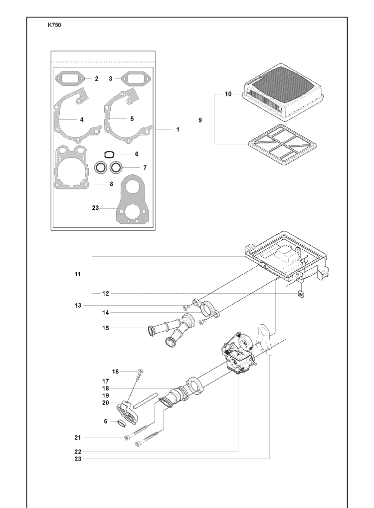 Air Filter Paper And Gasket Kit And Carburettor Diagram and Parts List for K750 2008-10 Husqvarna Lawn Tractor Accessories