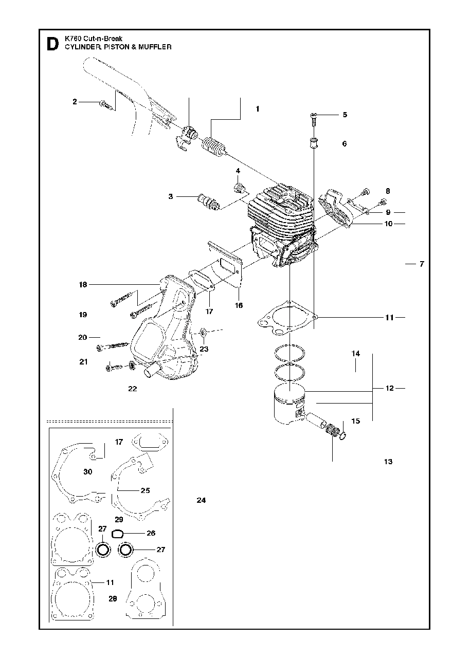 Cylinder, Piston And Muffler Diagram and Parts List for K760CUT-N-BREAK 2013-06 Husqvarna Circular Saw