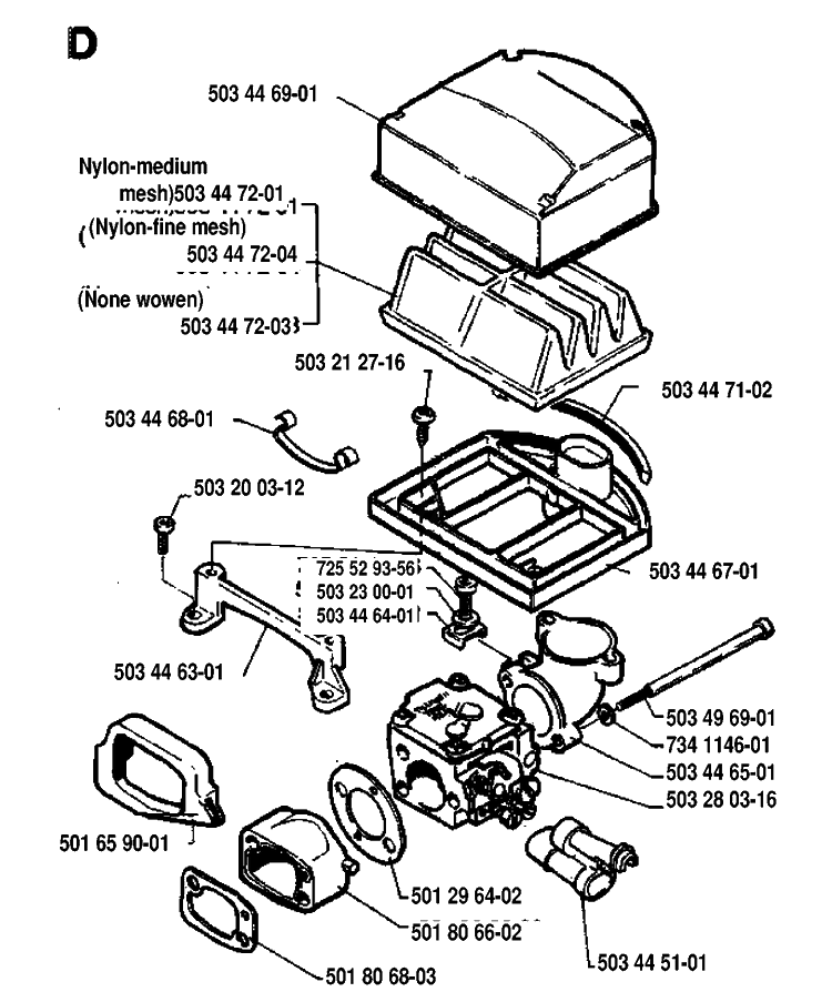 Carburetor And Air Filter Diagram and Parts List for 268 19933600001-19970100000 Husqvarna Chainsaw