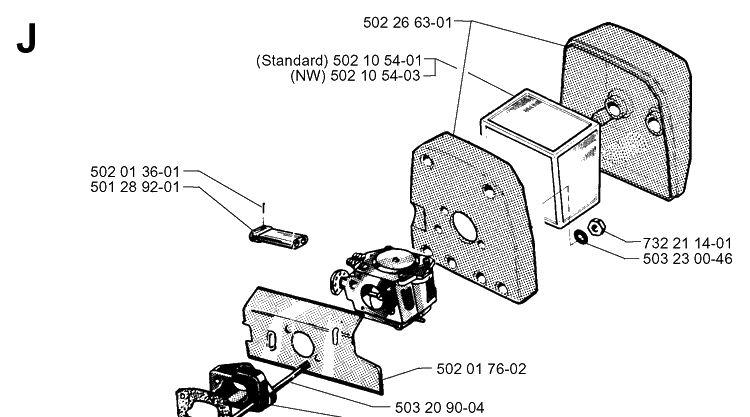 Carburetor And Air Filter Diagram and Parts List for 265RX 19991000001-20012600000 Husqvarna Brush Cutter