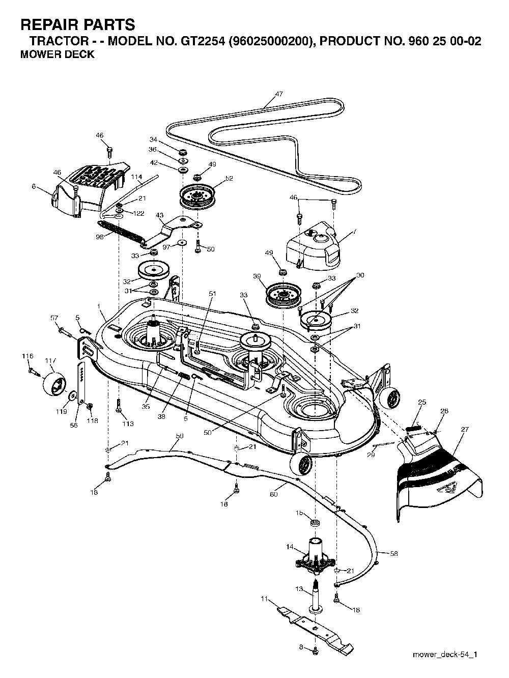 Mower Deck / Cutting Deck Diagram and Parts List for GT2254 (96025000200)(2005-05) Husqvarna Lawn Tractor