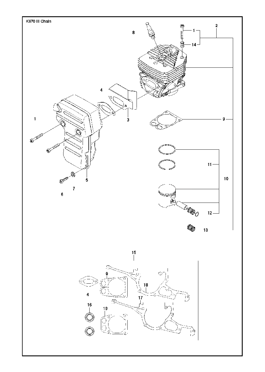 Cylinder, Piston And Muffler Diagram and Parts List for K970IIICHAIN 2017-03 Husqvarna Circular Saw