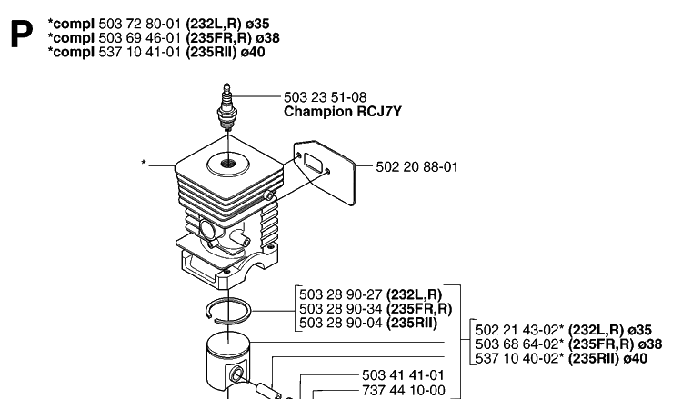 Cylinder Piston Diagram and Parts List for 235RII  Husqvarna Brush Cutter