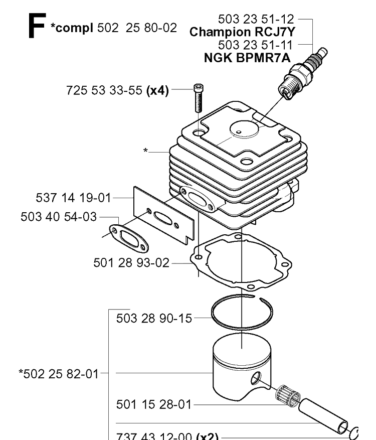 Cylinder Piston Diagram and Parts List for 265RX 20012600001-20023100000 Husqvarna Brush Cutter
