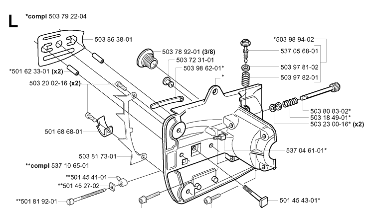 Crankcase Diagram and Parts List for 338XPT 20034400001-20051000000 Husqvarna Chainsaw