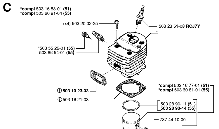 Cylinder Piston 2 Diagram and Parts List for 55 19982300001-20001900000 Husqvarna Chainsaw