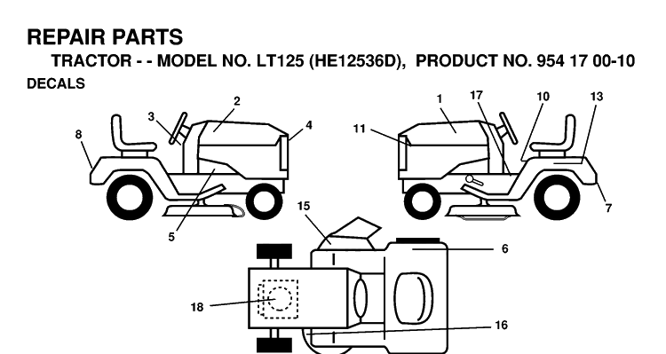 Decals Diagram and Parts List for LT125 (HE12536D)(1998-12) Husqvarna Lawn Tractor