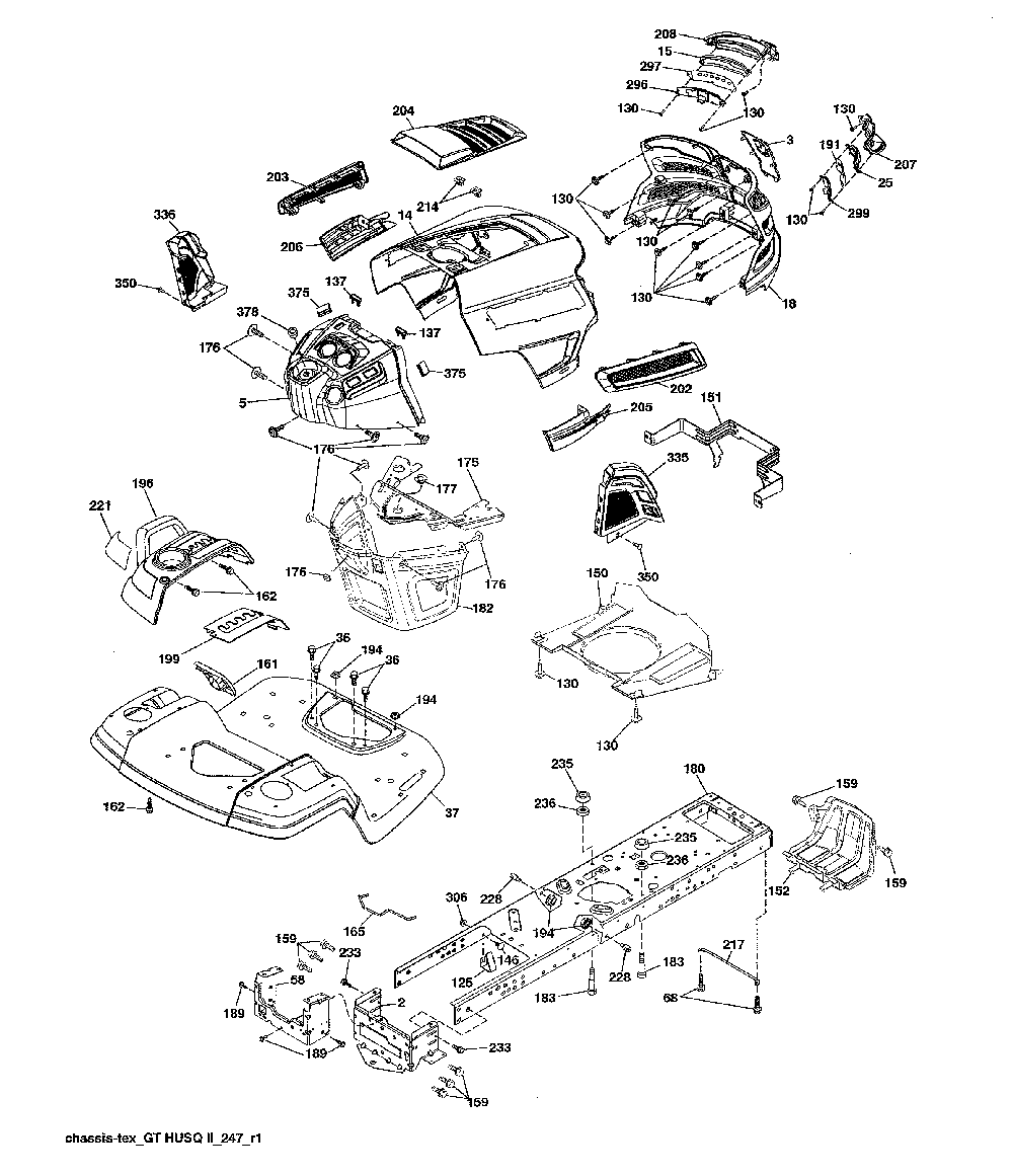 Chassis Diagram and Parts List for 96043028100  Husqvarna Lawn Tractor