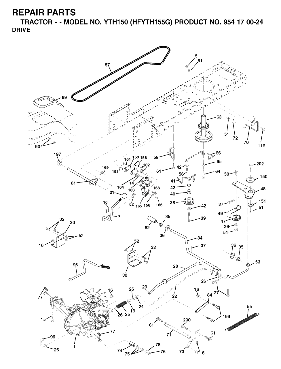 Drive Diagram and Parts List for YTH150 (954170024-G)(2001-01) Husqvarna Lawn Tractor