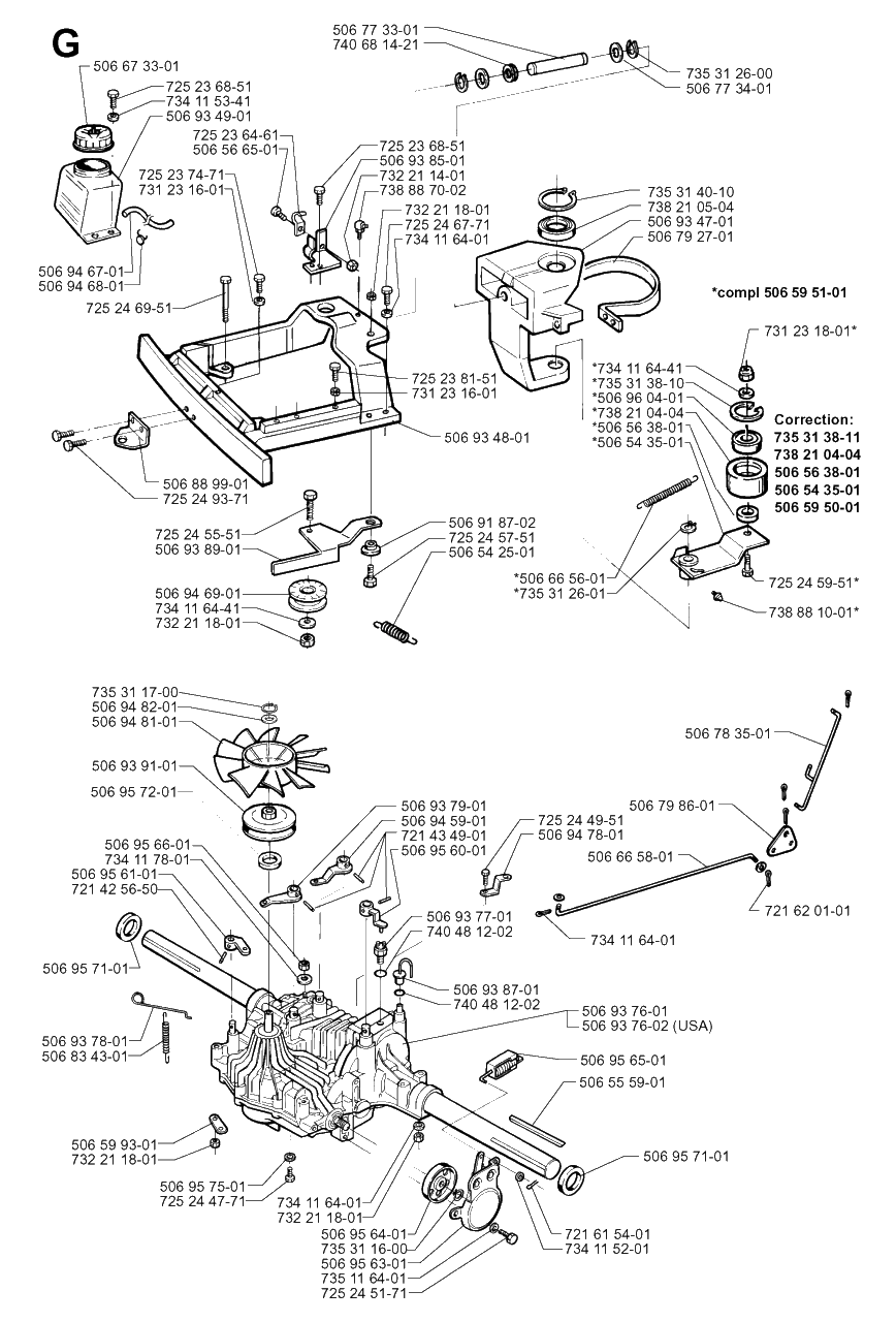 Transmission Diagram and Parts List for R1030 1997-05 Husqvarna Lawn Tractor