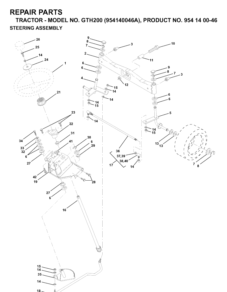Steering Diagram and Parts List for GTH200 (954140046A)(1998-09) Husqvarna Lawn Tractor