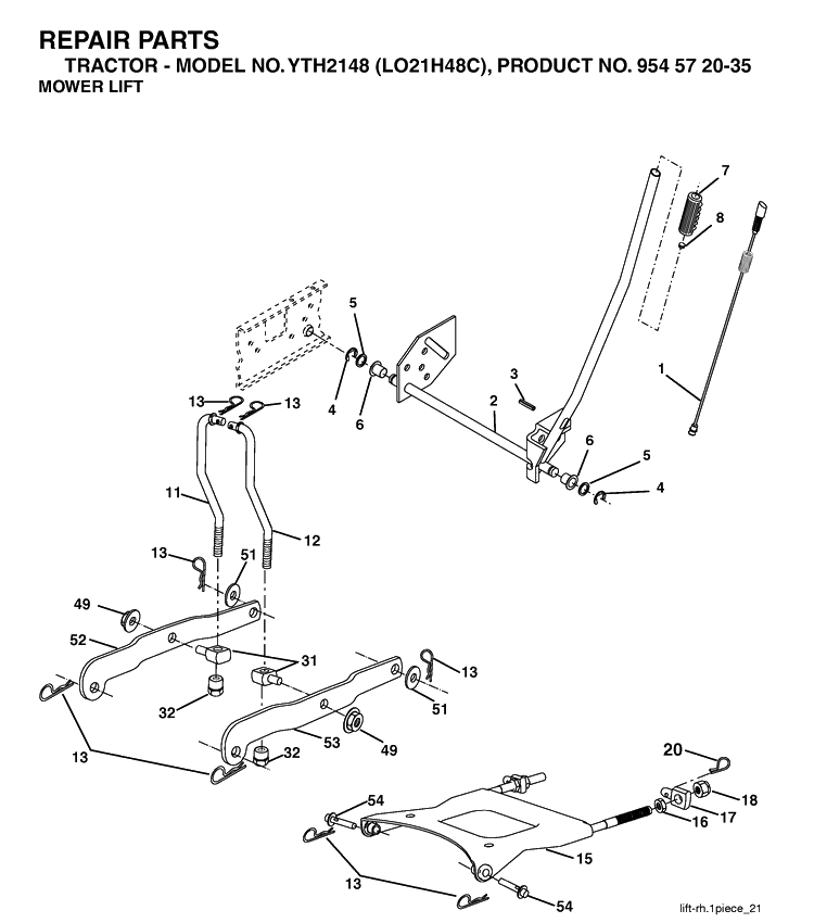 Mower Lift / Deck Lift Diagram and Parts List for YTH2148-LO21H48C 2004-03 Husqvarna Lawn Tractor