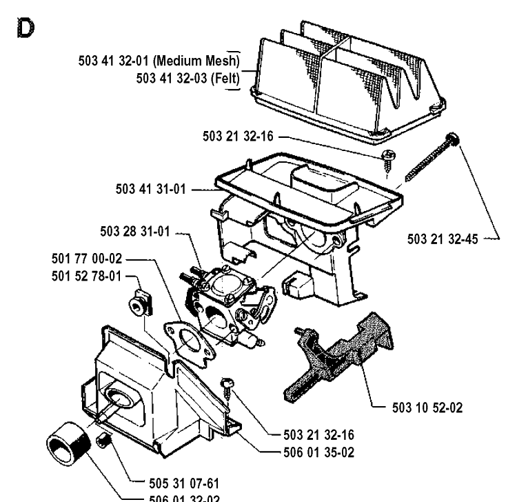 Carburetor And Air Filter Diagram and Parts List for 45 19902200001-19912200000 Husqvarna Chainsaw