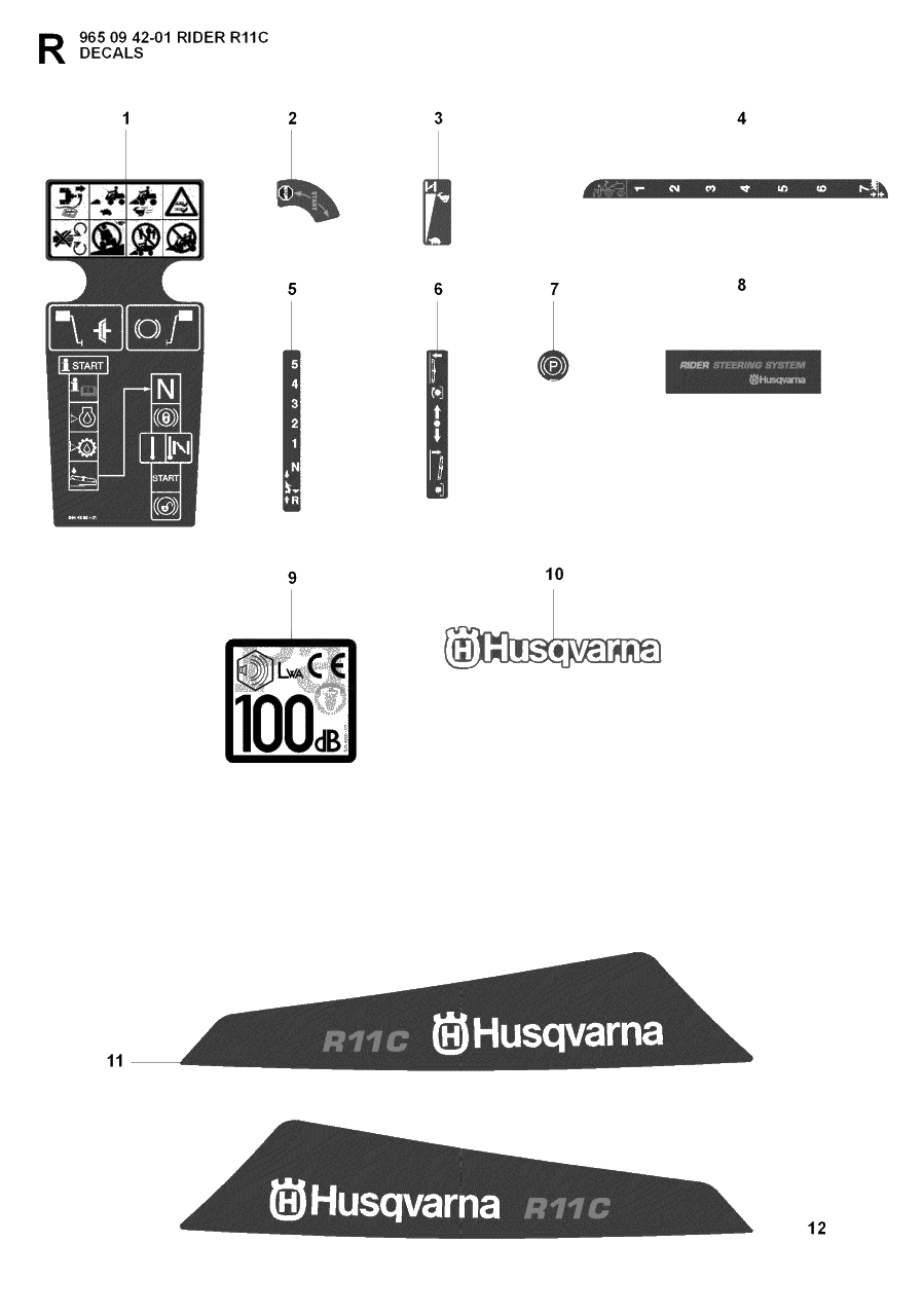 Decals Diagram and Parts List for R11C (965094201)(2007-01) Husqvarna Lawn Tractor