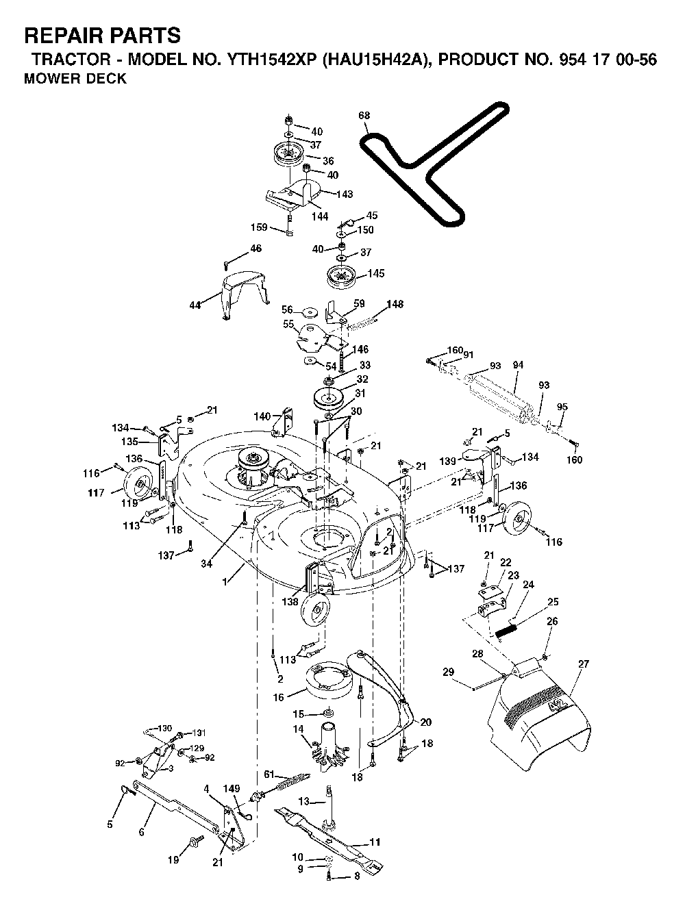Mower Deck / Cutting Deck Diagram and Parts List for YTH1542XP (HAU15H42A, 954170055)(2003-01) Husqvarna Lawn Tractor