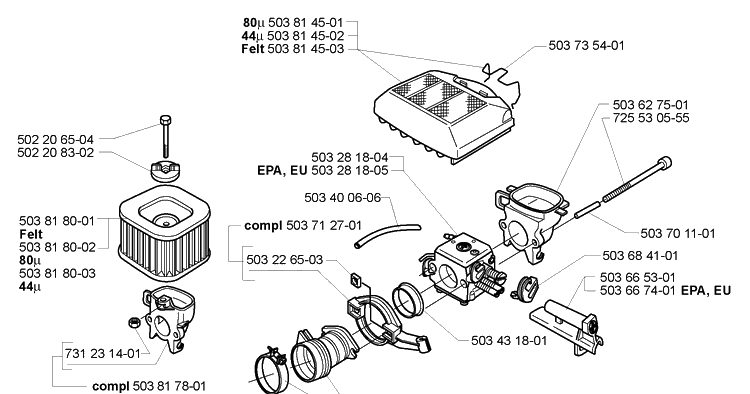 Air Filter / Carburetor Diagram and Parts List for 362EPA 2005-05 Husqvarna Chainsaw