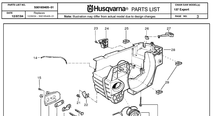 Crankcase Diagram and Parts List for 137 20050100001-20064900000 Husqvarna Chainsaw